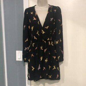 Honey Punch Black Wrap Dress with Yellow Birds
